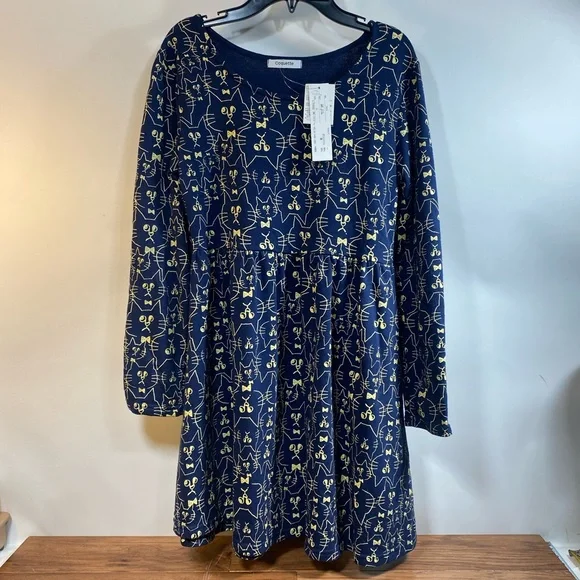 Coquette | Dresses | Nwt Navy Blue Gold Cat Face Knee Length Dress Comfy  Knit Size Medium Coquette | Poshmark